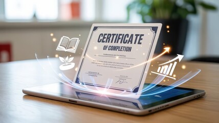 Minimalist digital concept of a certificate emerging from a glowing tablet, with icons of knowledge and growth, symbolizing online learning and development.