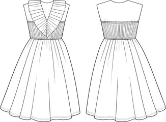 cad drawing flat vector illustration, sleeveless dress with pleated V-neck collar, smocked waist, A-line skirt, front and back technical sketch