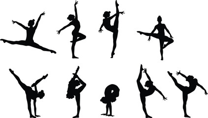 Silhouette of gymnasts and dancers performing flexible balance poses, perfect for fitness, acrobatics, yoga, dance, and body movement concepts