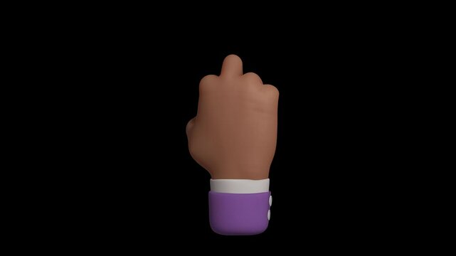 Seamless 4K loop of black skin showing middle finger offensive hand gesture in purple sleeve. 3D emoji cartoon animation render with alpha transparent background