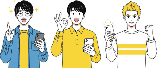 Three men holding phones with positive gestures on a white background