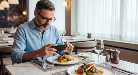 A man in a blue shirt taking a photo of a meal with a smartphone.