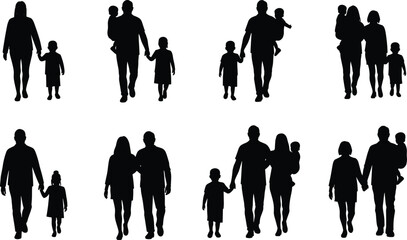 Silhouette of family walking together, parents with kids, holding hands, outdoor lifestyle concept, black vector illustration on white background