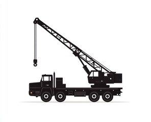 Naklejka premium Black silhouette of a large truck-mounted crane, its boom extended, hook dangling, isolated on a white background