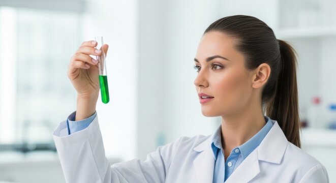 A woman in a lab coat holding a test tube with green liquid in a laboratory setting.