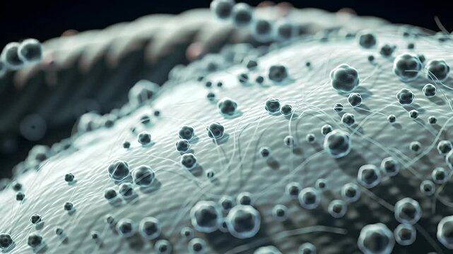 Microscopic surface with dark spheres connected by thin filaments, against a dark background, in a soft light