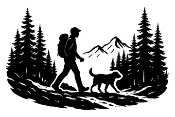 This inspiring silhouette shows a hiker with a dog trekking through a forest with mountains. Perfect for hiking, nature, adventure, and pet themes. Ideal for outdoor lifestyle, wilderness, and travel 