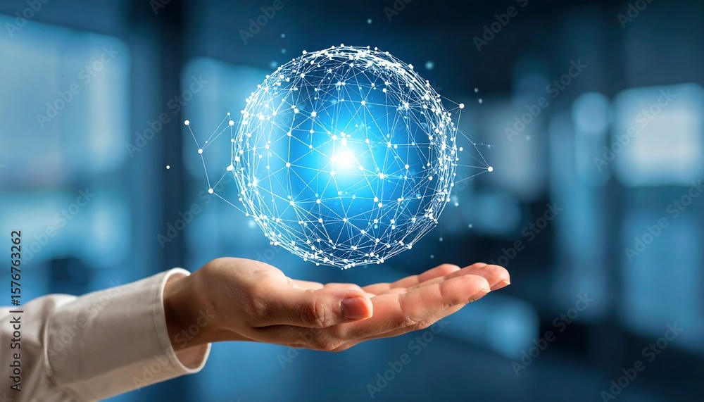 Poster hand holding glowing digital globe concept of global network and data sharing.