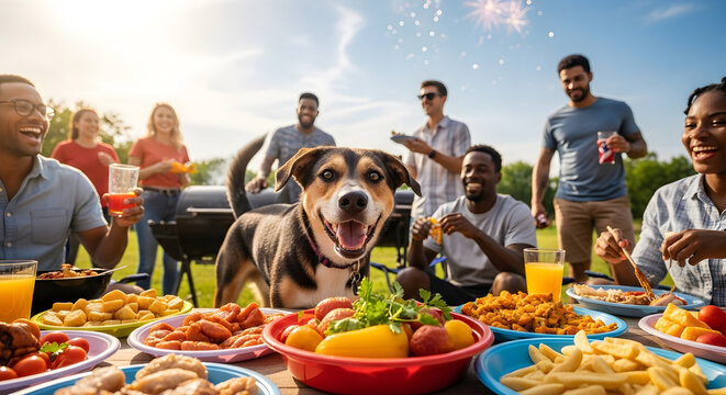 Summer BBQ Party with Friends and Pet Dog