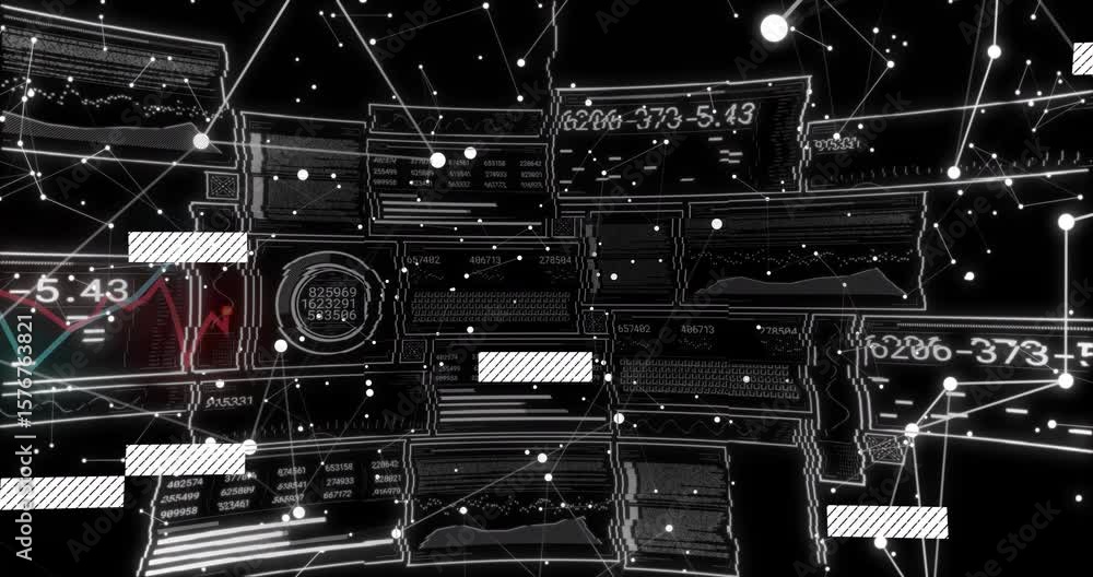 Poster grid panels initiating data sequence, overlays sliding and labels updating; nodes visualizing flow