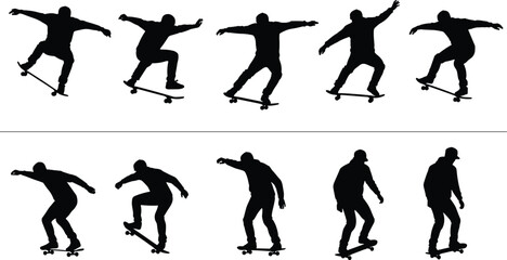 Silhouette collection of skateboarders performing tricks and riding in various dynamic poses, extreme skateboarding sport vector illustration for design