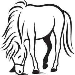 Horse grazing line art silhouette design, Peaceful farm animal vector drawing