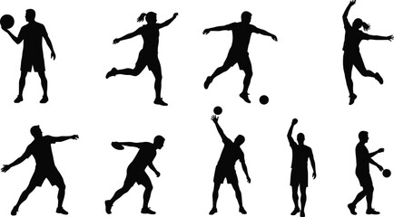 Silhouette collection of male and female athletes playing various ball sports, dynamic poses, vector illustration for fitness and sport design