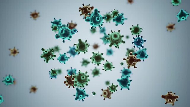 Numerous teal and brown, spiky organisms float in a diffused gray space, resembling cells under a microscope