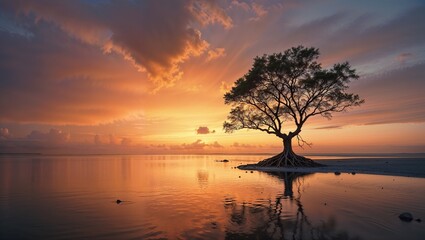 Fototapeta premium Tidal Dreamscape: Mangrove's Mirror at Golden Hour