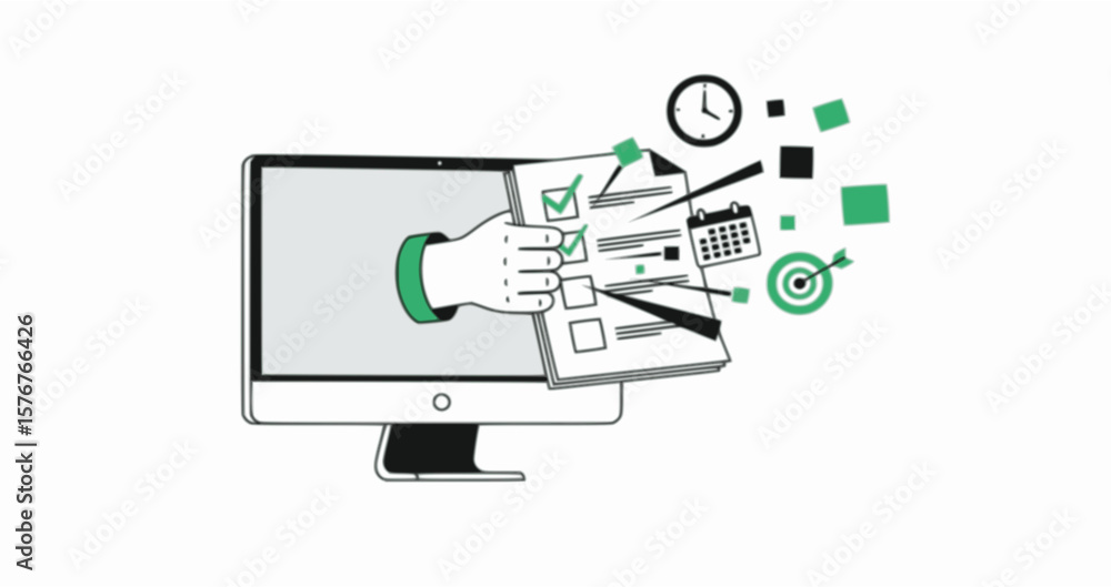 Poster an illustration of a hand reaching out from a computer screen with various app icons.
