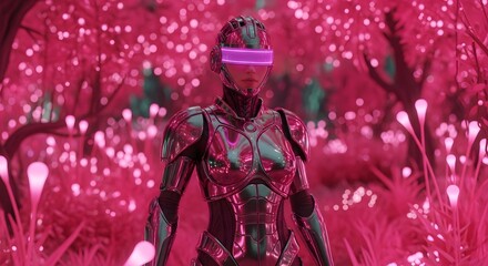 Fototapeta premium Cyberpunk warrior stands in a neon pink forest, blending futuristic technology with a vibrant, surreal natural environment.
