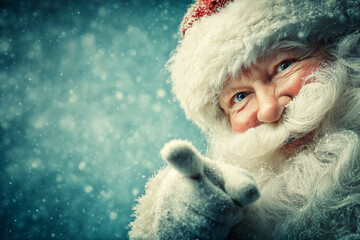 Cheerful Santa Claus Gesturing with a Friendly Smile on a Festive Winter Background
