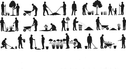 Gardening people silhouette vector bundle, farmers planting trees, watering plants, wheelbarrow tools, agriculture workers, garden work icon design