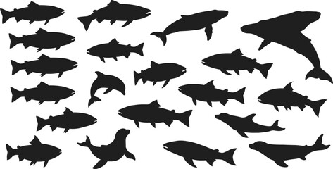 Collection of marine animal silhouettes including fish, dolphins, whales, and seals for ocean wildlife, aquatic life, and nature designs