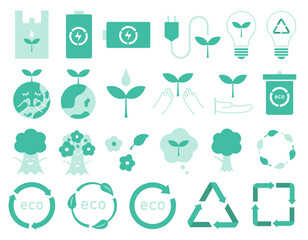 グリーンカラーでまとめたエコ・環境系のベクターアイコンセット（地球 リサイクル 電気 自然 再生可能）