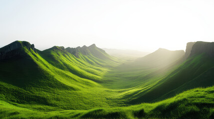 Fototapeta premium Lush green valley surrounded by high mountains under bright sunlight creating peaceful natural scene