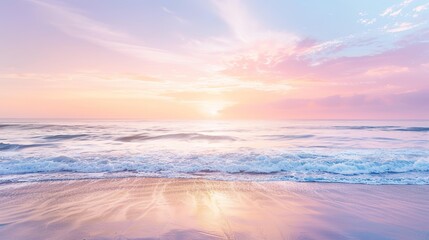 Fototapeta premium Soft pastel sunset painting the sky over a calm ocean beach, with gentle waves lapping the shore. The sky blends hues of pink, blue, and purple, while the water mirrors the serene colors, 