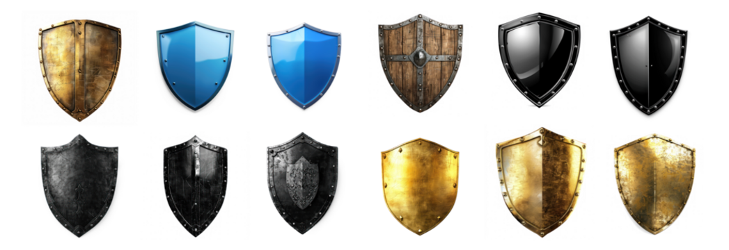 A collection of various shields with different colors and designs.