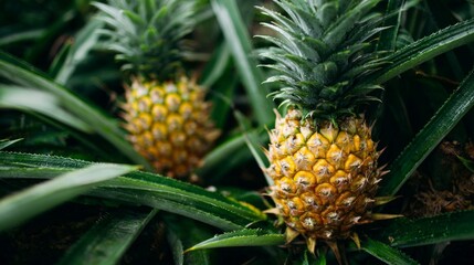 Fototapeta premium Close-up of ripe pineapples on plant, surrounded by sharp green leaves.