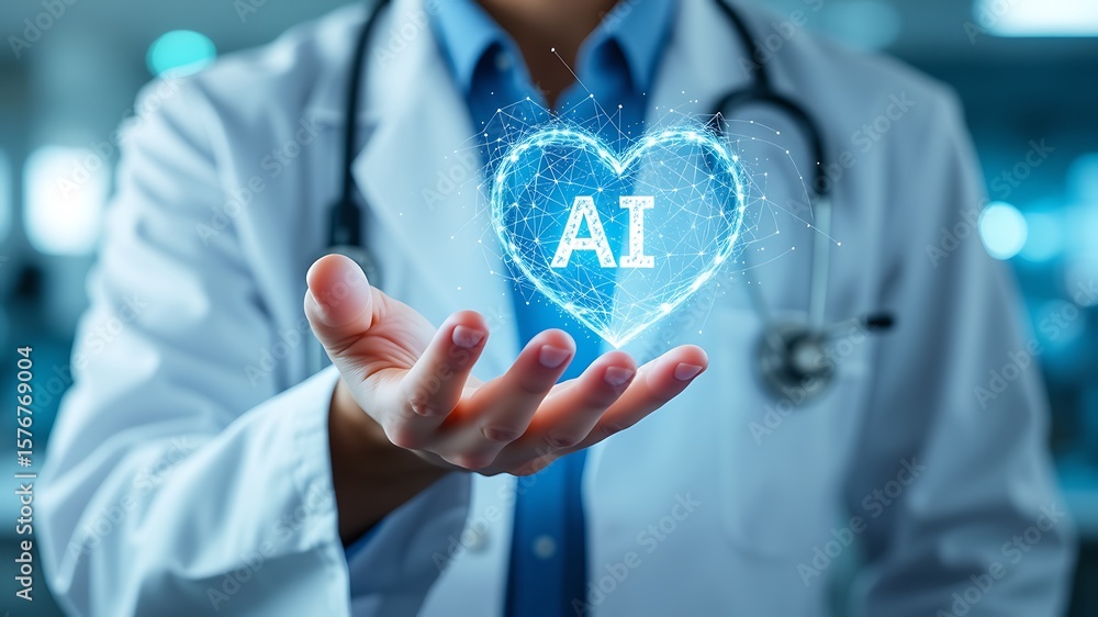 Poster doctor holding a glowing heart shaped network with ai text symbolizing the future of artificial inte