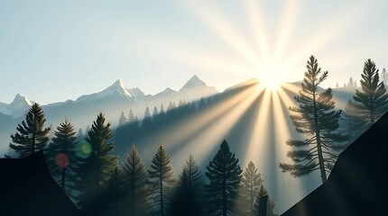 Sunburst over mountain forest ethereal light