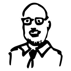 Portrait of a bald middle aged man wearing glasses and a tie. Funny male portrait. Hand drawn linear doodle rough sketch. Black and white silhouette.