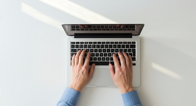 Overhead view of hands typing on a laptop keyboard, bathed in sunlight, on a white surface.