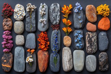Collection of colorful flowers with rocks on a dark background, top view. Ideal for zen, nature, spa, or wellness concepts in advertising.