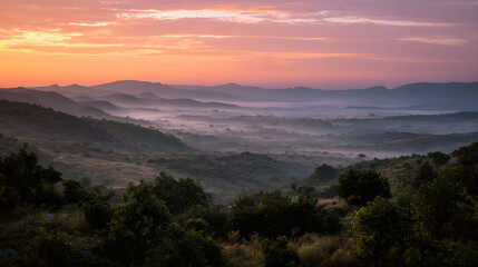 Obraz premium Golden Mourning: Dawn Awakens the Misty Valley in a Symphony of Pastel Elegance and Hushed Nature