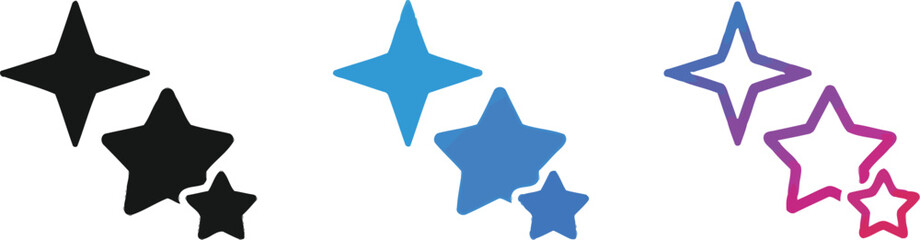 Obraz premium Three sets of star icons in black blue and a purple pink gradient