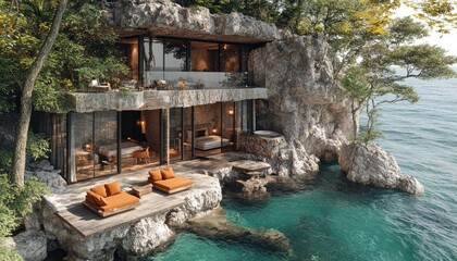 Luxury cliffside villa with ocean views. Show the beauty of architectural design and nature.