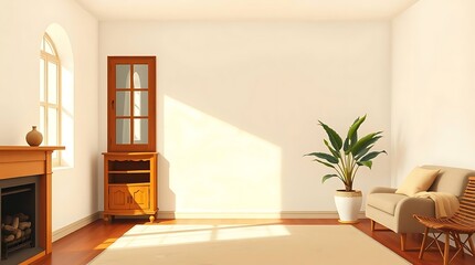 Sundrenched room Fireplace cabinet plant and cozy chair