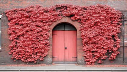 Brick wall with red leaves framing a door. Use for seasonal changes or architecture projects.