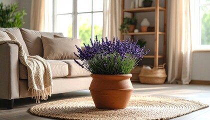 Fototapeta premium Lavender plant in terracotta pot, living room