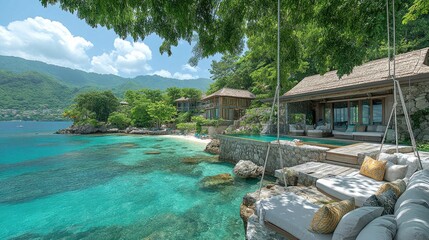 Luxury villa has a turquoise ocean view, including swing bed and pool. Showcasing island vacation travel, relaxation, and idyllic coastal living.