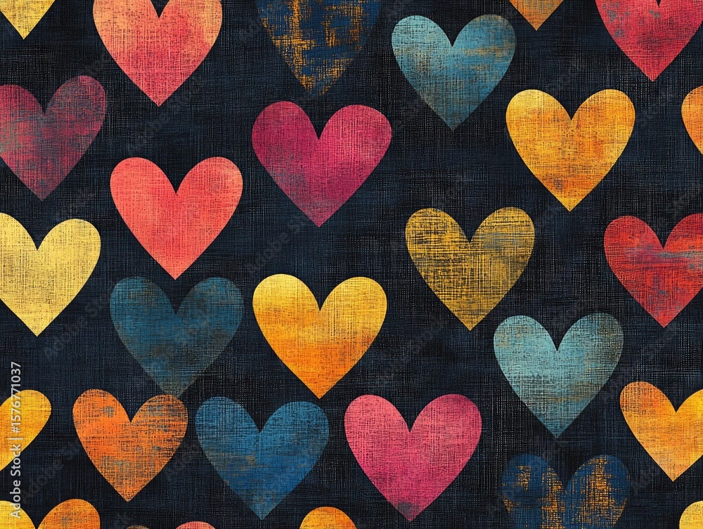 Poster textured colorful hearts on a dark woven background create a unique pattern. perfect for valentine's