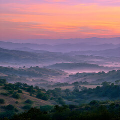 Fototapeta premium Golden Mourning: Dawn Awakens the Misty Valley in a Symphony of Pastel Elegance and Hushed Nature