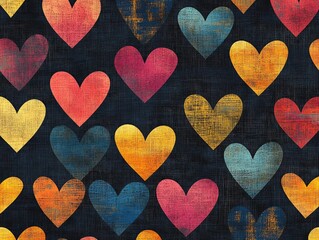 Textured colorful hearts on a dark woven background create a unique pattern. Perfect for Valentine's Day, wedding decor, or expressing heartfelt emotions.