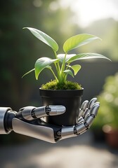 Robotic hand holding potted plant robot hand green leaves