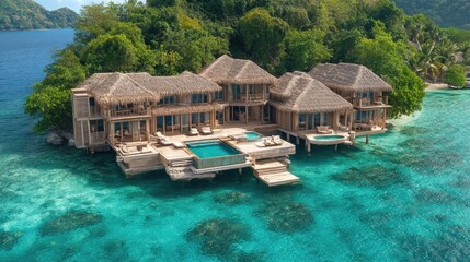 Luxury resort villas stand on turquoise water near a lush, green island. Ideal for travel ads, promoting vacations, and luxury living concepts.