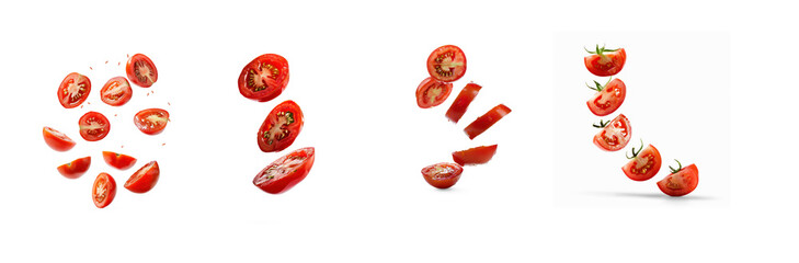 Fototapeta premium Three tomatoes in various positions against a transparent background