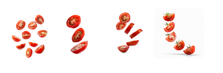 Three tomatoes in various positions against a transparent background