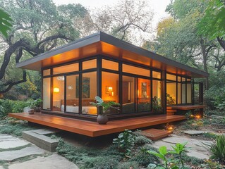 Glass walled modern cabin with a wood deck is surrounded by lush greenery. Use for architectural design, eco-friendly living, or vacation rentals ideas.