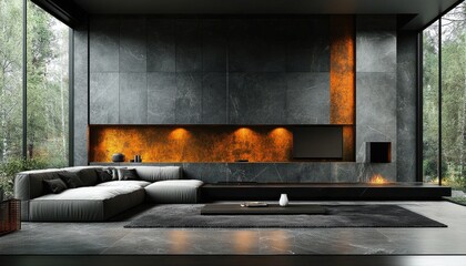 Sleek modern living room with stone wall, fireplace, and floor-to-ceiling windows. Perfect for showcasing interior design or luxury real estate marketing.
